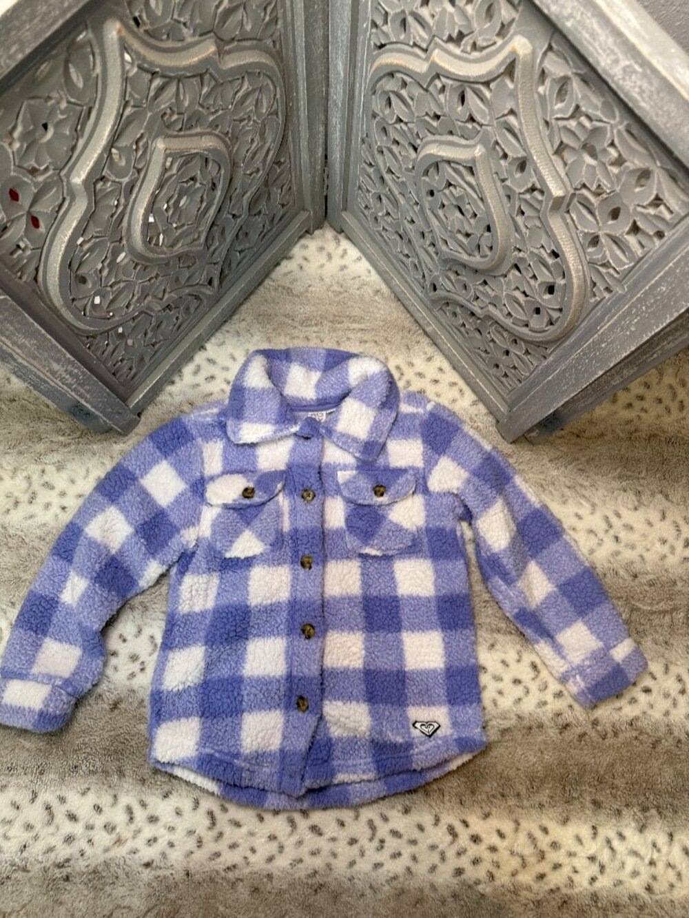 Roxy purple white gingham button up jacket girls size 7 teddy bear fleece skater
